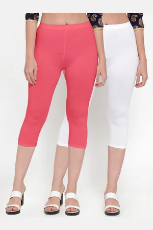 Jinfo Women Pack Of 2 White & Pink Cotton Lycra Capris
