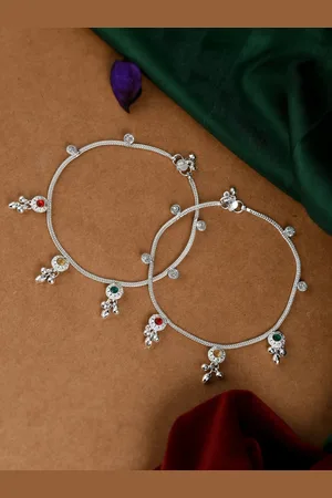 Silvermerc Designs Women Set Of 2 Silver-Plated Red & Yellow Stone-Studded & Beaded Tasselled Anklets