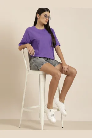 Difference of Opinion Women Purple Solid Pure Cotton Oversized T-shirt