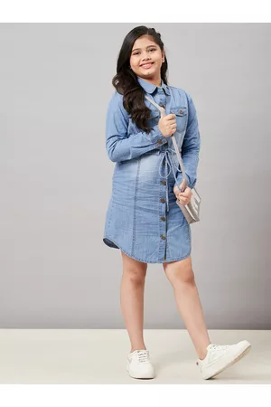 Stylo Bug Girls Blue Solid Denim Shirt Dress