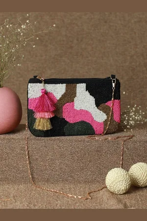 Priyaasi Beaded Black and pink clutch Bag with Tasselled