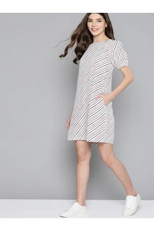 Mast & Harbour Women White & Navy Striped A-Line Dress