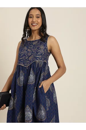 Taavi Women Navy Blue & White Kanchi Printed Pure Cotton Empire Maxi Dress
