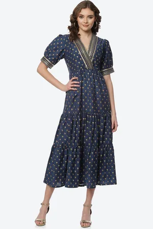 Rangriti Blue & Gold-Toned Ethnic A-Line Midi Dress