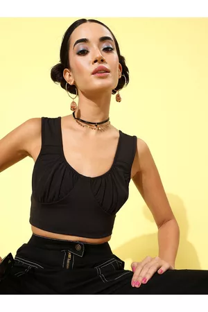 KASSUALLY Women Black Solid Fitted Crop Top