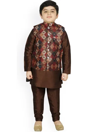 SG Boys Brown Ethnic Motifs Raw Silk Kurta with Churidar & Nehru Jacket