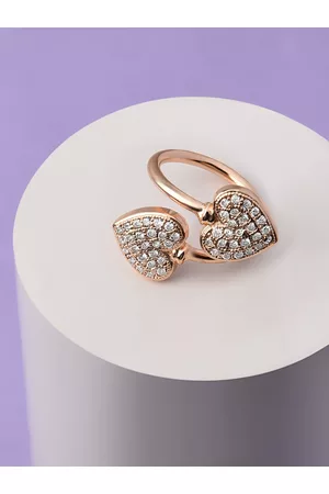 Ami Women Rose Gold-Plated White CZ-Studded Heart Contemporary Adjustable Finger Ring