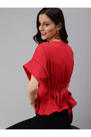 SHOWOFF Women Red Solid Peplum V-Neck Top