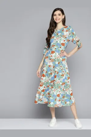 Mast & Harbour Green & Blue Floral Print A-Line Midi Dress