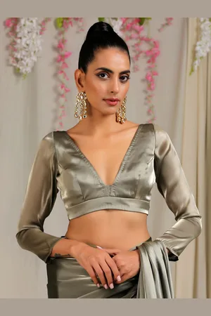 Swtantra Women Grey Solid Deep V Neck Saree Blouse