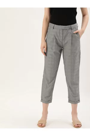Ether Women Grey & Black Tapered Fit Checked Cropped Trousers