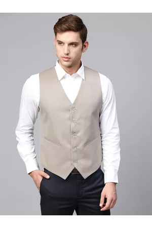 MANQ Men Taupe Solid Slim Fit Single-Breasted Waistcoat