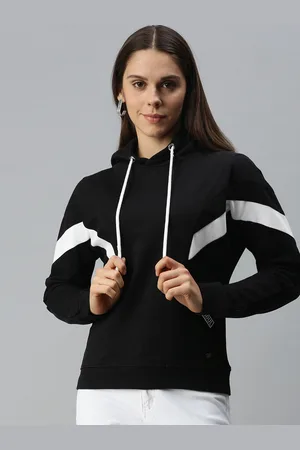 Campus Women Black Striped Detail Hooded Pullover Sweatshirt