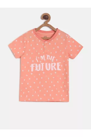 MINI KLUB Boys Peach White Printed Mandarin Collar Cotton Pure Cotton T-shirt