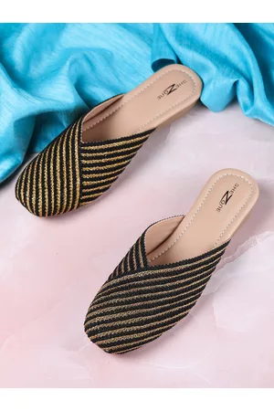 SHEZONE Women Black & Gold-Toned Striped Mules