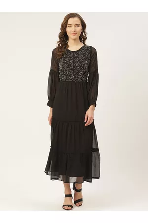 Antheaa Women Black Embellished Tiered Net Maxi Dress