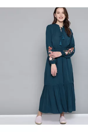 Mast & Harbour Women Teal Blue Solid Tiered Maxi Dress