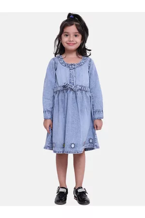BownBee Girls Blue Solid A-Line Denim Dress