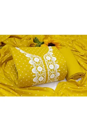 SALWAR STUDIO Yellow & White Embroidered Pure Cotton Unstitched Dress Material