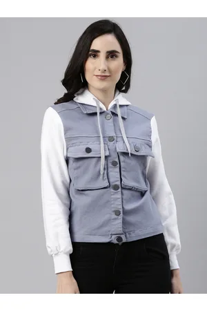 Campus Women Blue Hooded Denim Jacket
