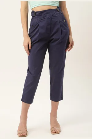 Elle Women Navy Blue Solid Pleated Peg Trousers
