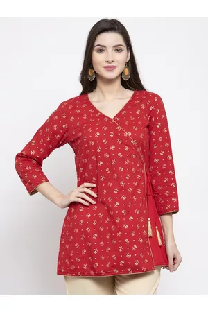 Bhama Couture Women Red & Golden Foil Print Angrakha Tunic