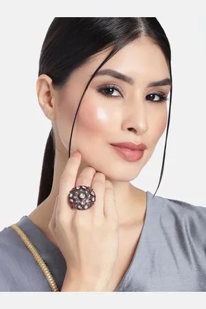 I Jewels Maroon & Silver-Toned Rhodium Plated Oxidised Kundan Handcrafted Finger Ring