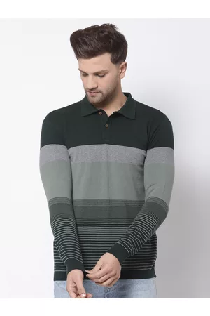 Kalt Men Green & Black Striped Polo Collar T-shirt