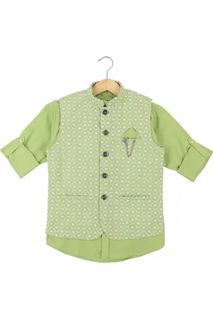 CAVIO Boys Green Printed Nehru Jacket With Brooch