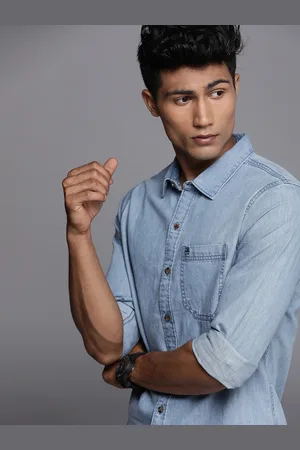 WROGN Men Blue Slim Fit Faded Opaque Denim Casual Shirt