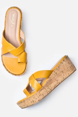 VALIOSAA Mustard Platform Peep Toes with Buckles