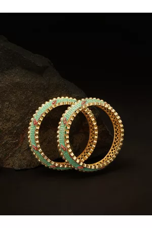Priyaasi Set of 2 Green & Pink Gold-Plated Stone-Studded Handcrafted Bangles