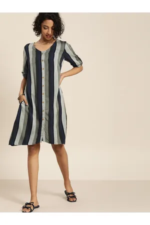 Taavi Women Grey & Navy Blue Striped Woven Legacy A-Line Dress with Pockets