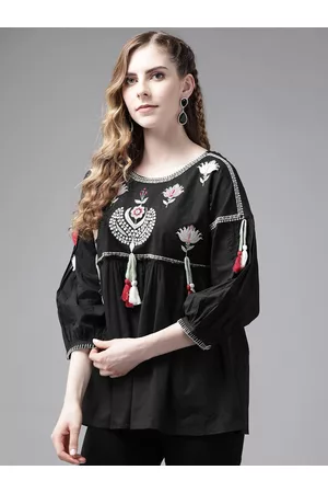 Ishin Women Black Floral Print Monochrome Pure Cotton Empire Top
