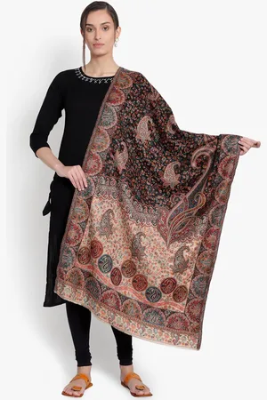Mizash Women Black & Beige Printed Woolen Shawl