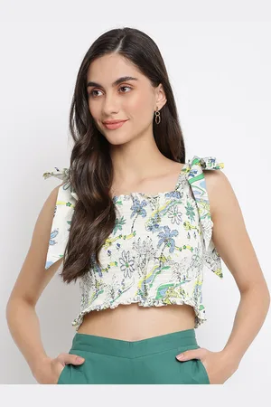 Fabindia Women Off White & Blue Floral Print Crop Top