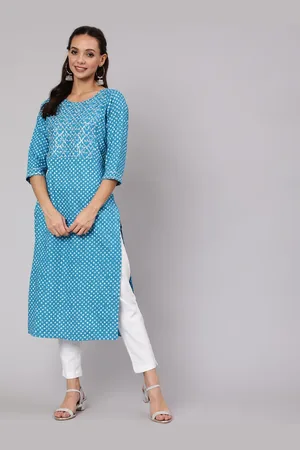 Jaipur Women Turquoise Blue Bandhani Embroidered Thread Work Kurta with Trousers