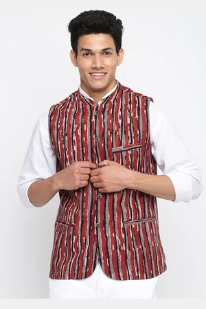 Fabindia Men Rust-Coloured Printed Cotton Nehru Jackets