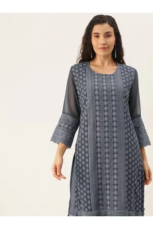 SWAGG INDIA Women Grey Floral Embroidered Chikankari Kurta