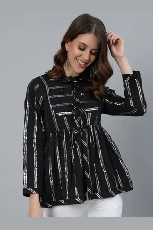 Ishin Black & Silver-Toned Striped Shimmer Tie-Up Neck Monochrome A-Line Top