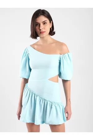 Campus Blue Off-Shoulder Drop-Waist Mini Dress