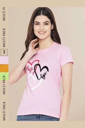 Fabflee Women Pink & Mustard Yellow Pack of 3 Graphic Printed Cotton T-shirt