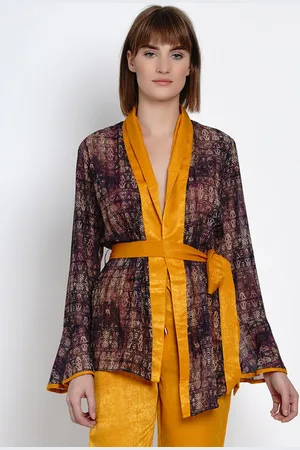 Erotissch Women Burgundy & Mustard Yellow Printed Mini Robe