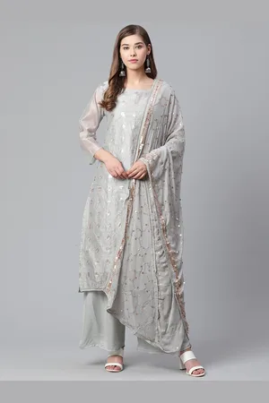 Ishin Women Grey & Golden Embroidered Kurta with Palazzos & Dupatta