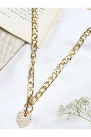 Joker & Witch Gold-Toned Alloy Heart Pearl Charm Gold Chain Link Necklace