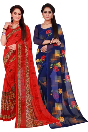 Florence Red & Navy Blue Floral Printed Pure Georgette Saree Pack Of 2