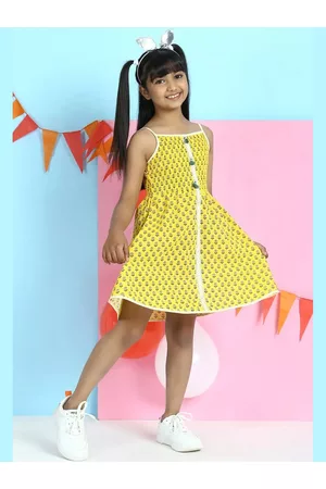 Biba Yellow Floral Printed Cotton A-Line Dress
