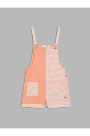 Elle Girls Orange Cotton Checked Dungarees