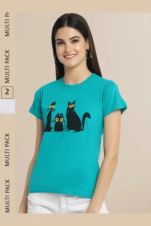 Fabflee Women Green & Turquoise Blue Pack Of 2 Cotton Printed T-shirt