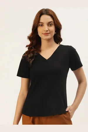 BRINN Women Black Solid V-Neck Pure Cotton T-shirt